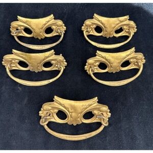 Vintage Drawer Pulls Masquerade Mask Pulls Gold Tin/Brass Set of 5 Hardware
